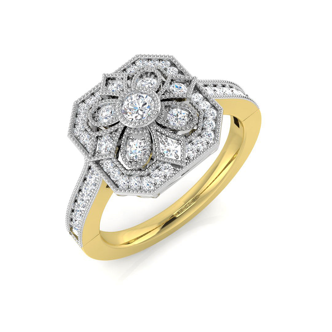 Lab Grown Floral Round Diamond Art Deco Vintage Ring | Hallmarked Gold & Platinum