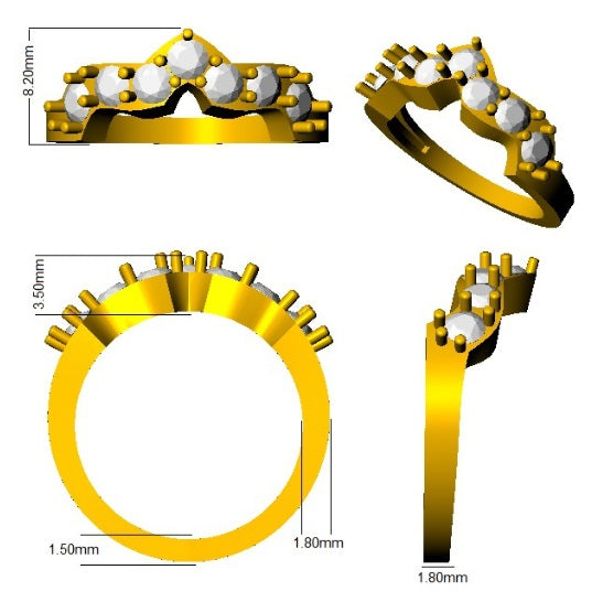 Gold ring with embedded stones, shown from multiple angles with measurements on a white background.