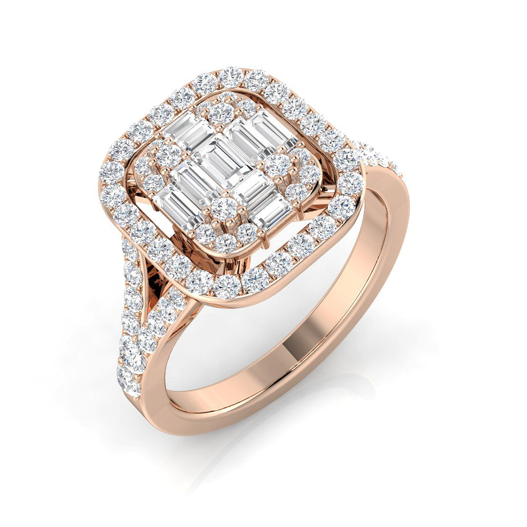 1.00 Ct Baguette & Round Diamond Double Halo Style Engagement Ring