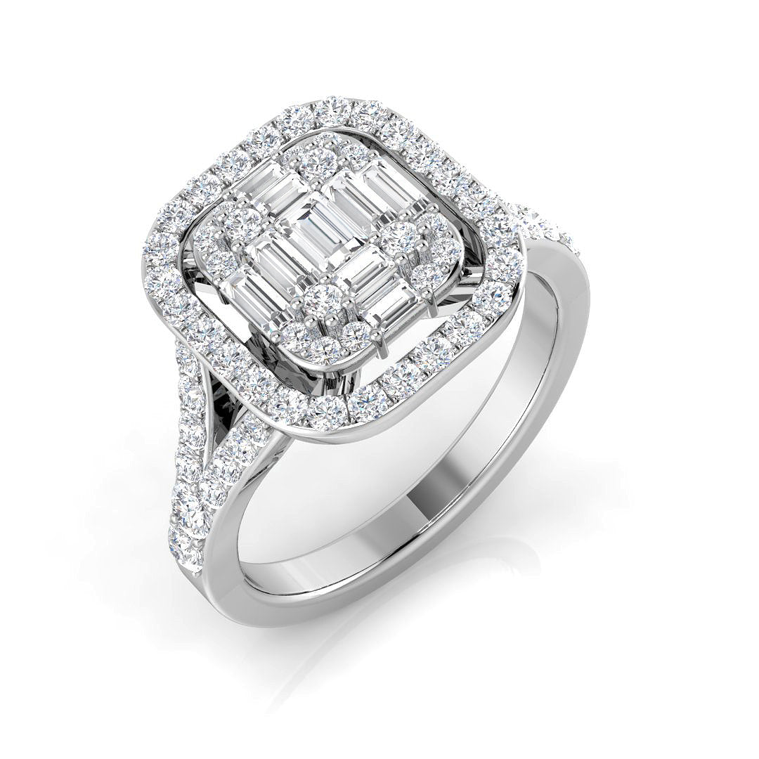 1.00 Ct Baguette & Round Diamond Double Halo Style Engagement Ring