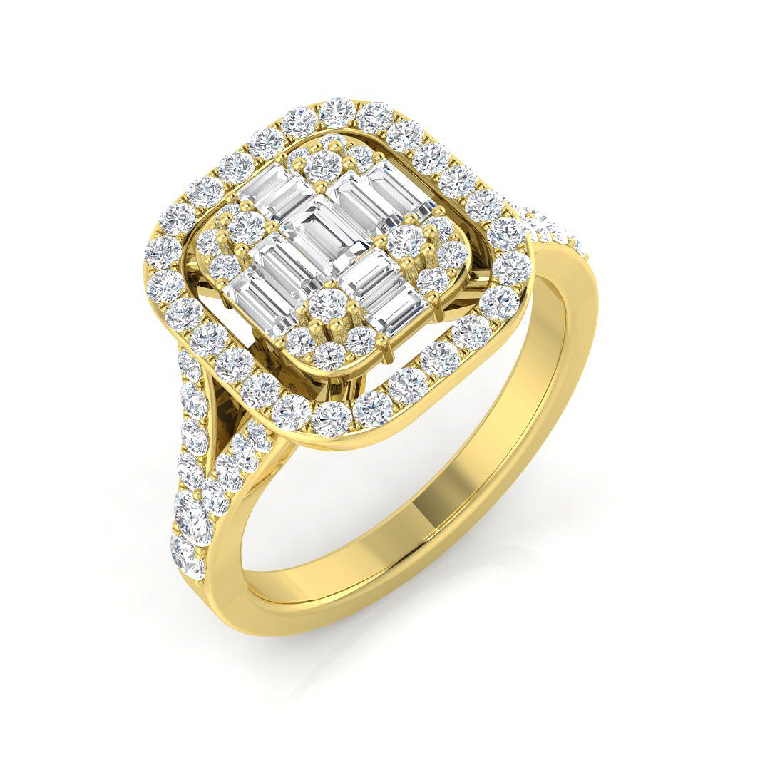 1.00 Ct Baguette & Round Diamond Double Halo Style Engagement Ring