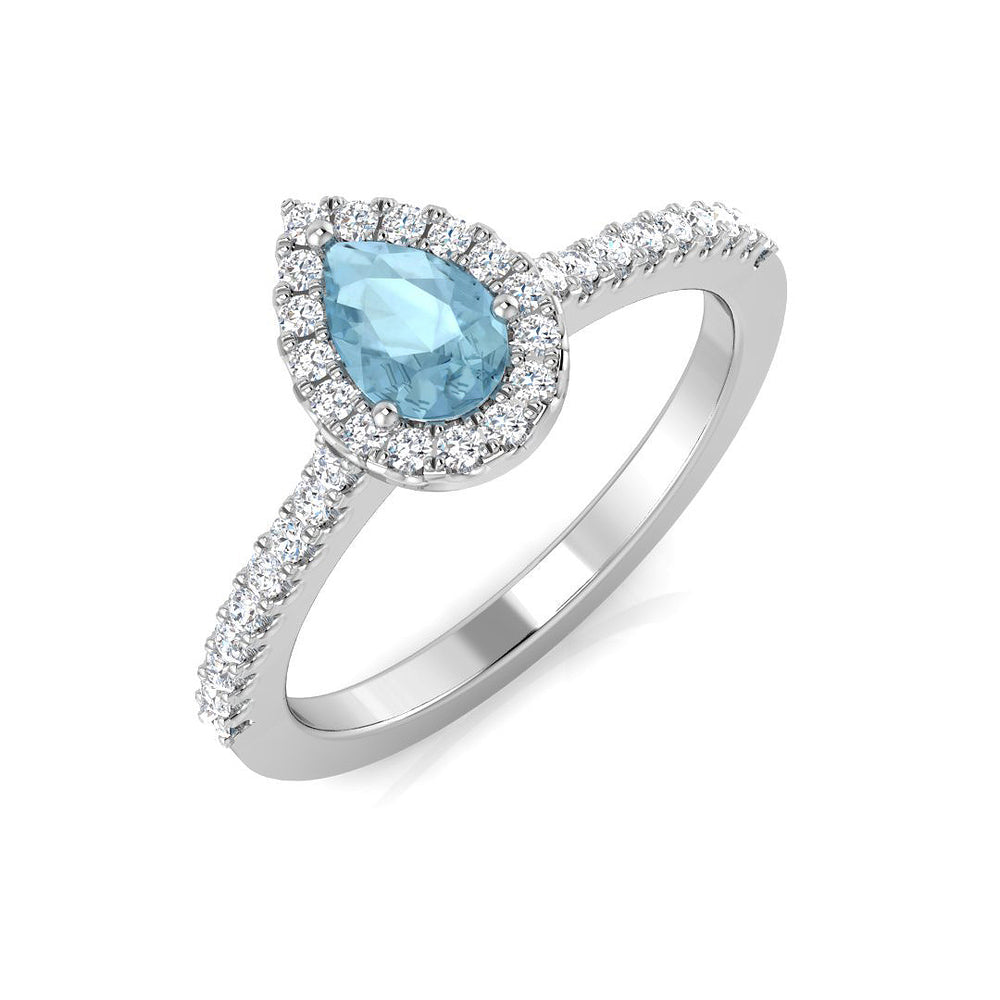 Pear Cut Aquamarine Halo Ring with Diamond Pave Band