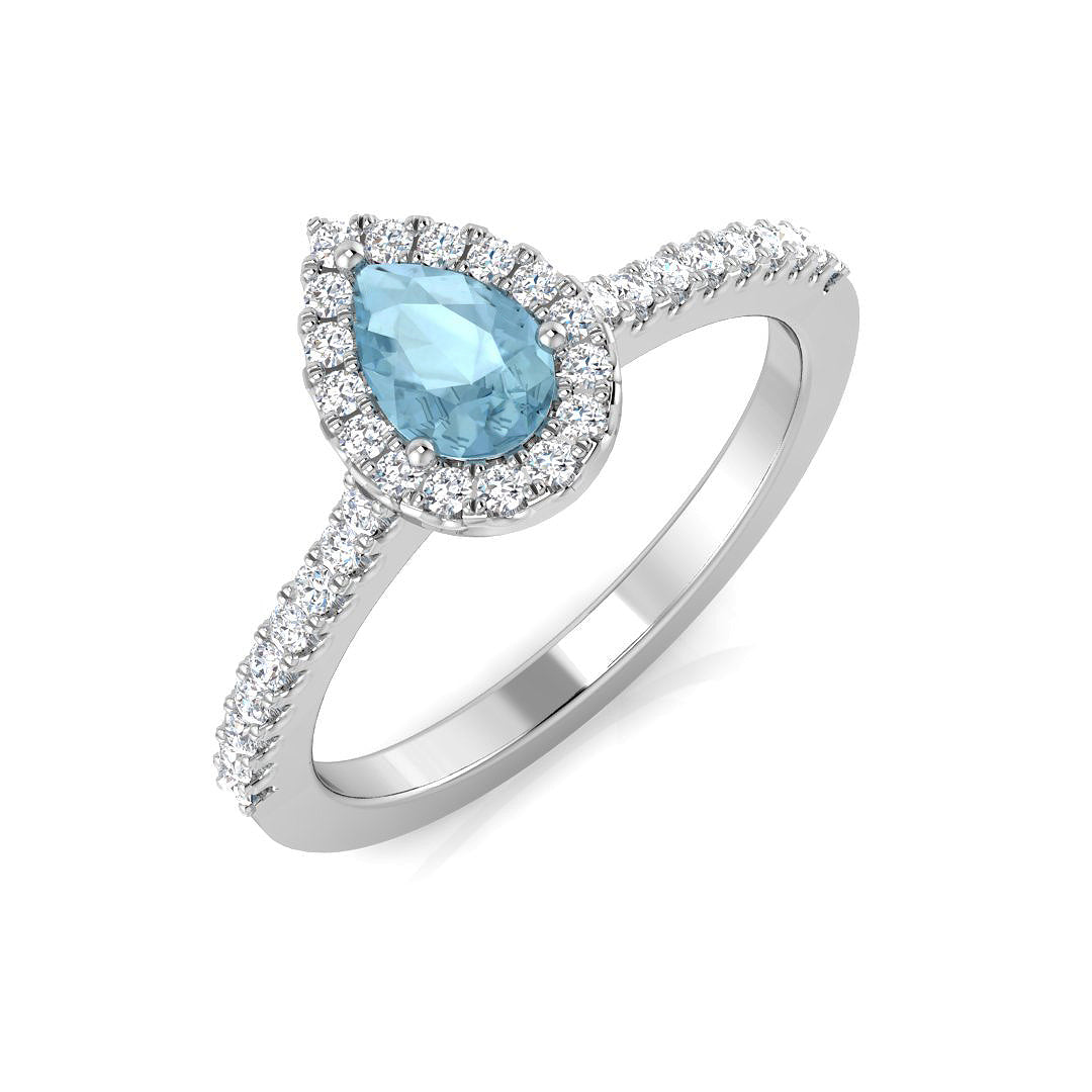 Pear Cut Aquamarine Halo Ring with Diamond Pave Band