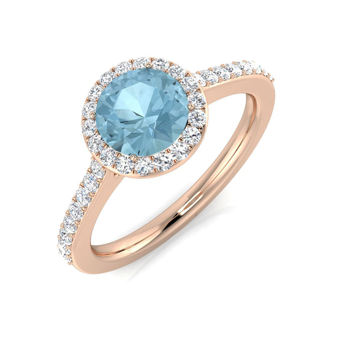 Rose Gold Round Cut Aquamarine Halo Ring