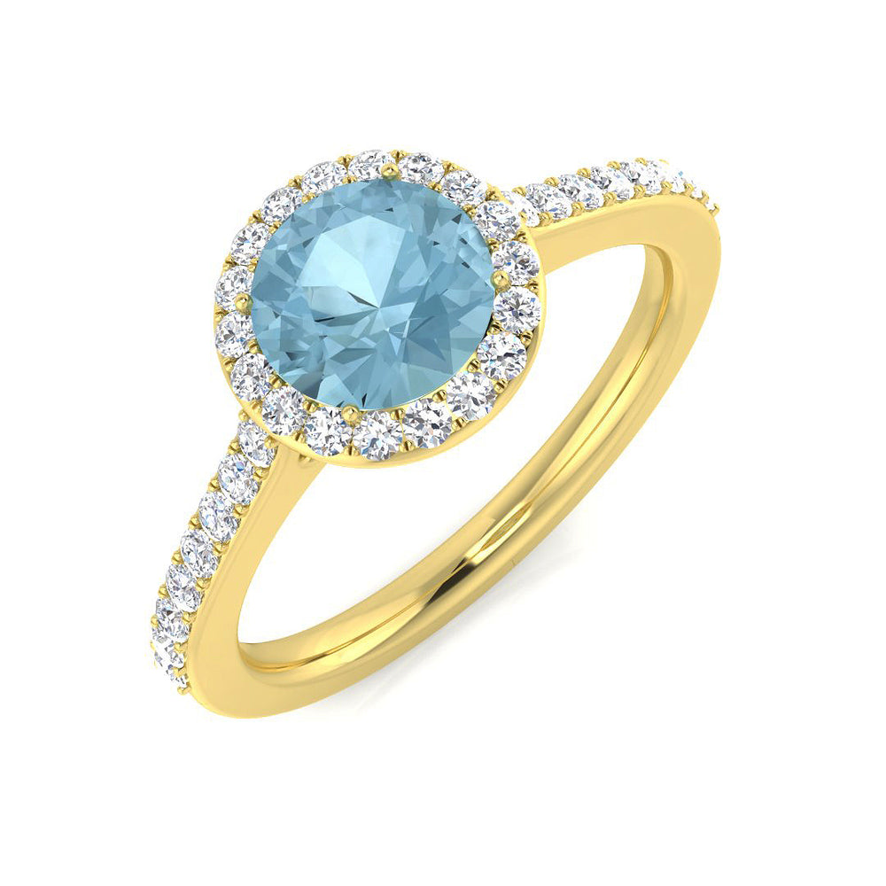 Yellow Gold Round Cut Aquamarine Halo Ring