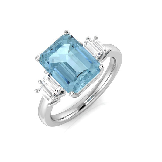 Emerald Cut Aquamarine Ring with Side Baguette Diamonds