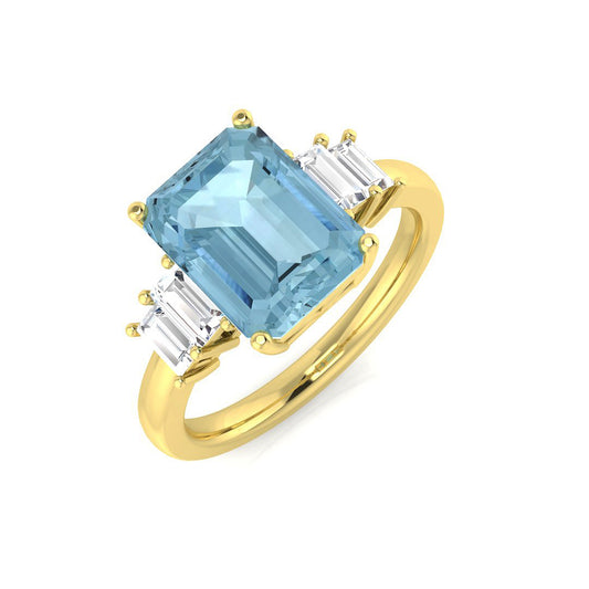 Aquamarine Ring with Emerald Cut Centre Stone and Diamond Side Stones