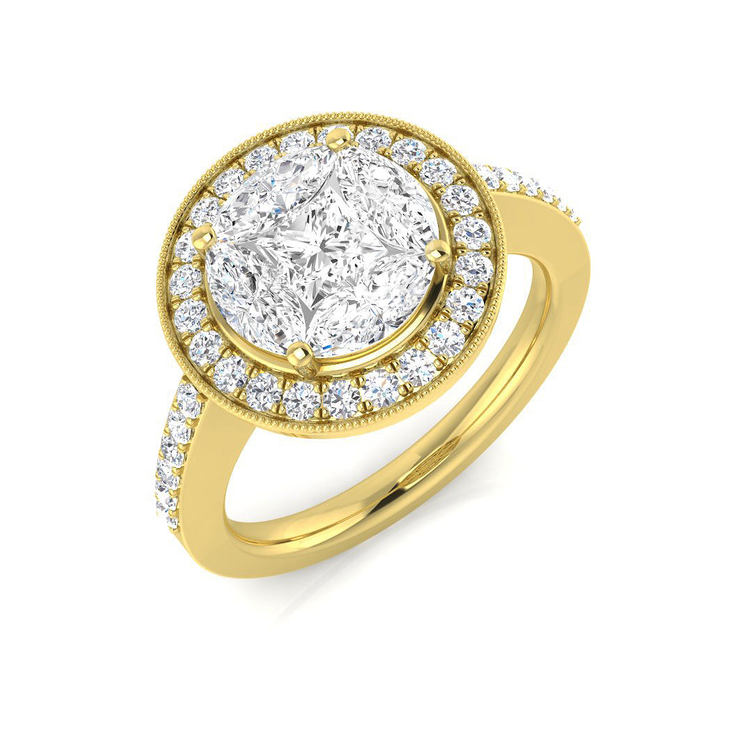 Luxury Princess Cut Diamond Halo Cluster Ring 1.5ct Milgrain | Hallmarked Gold & Platinum
