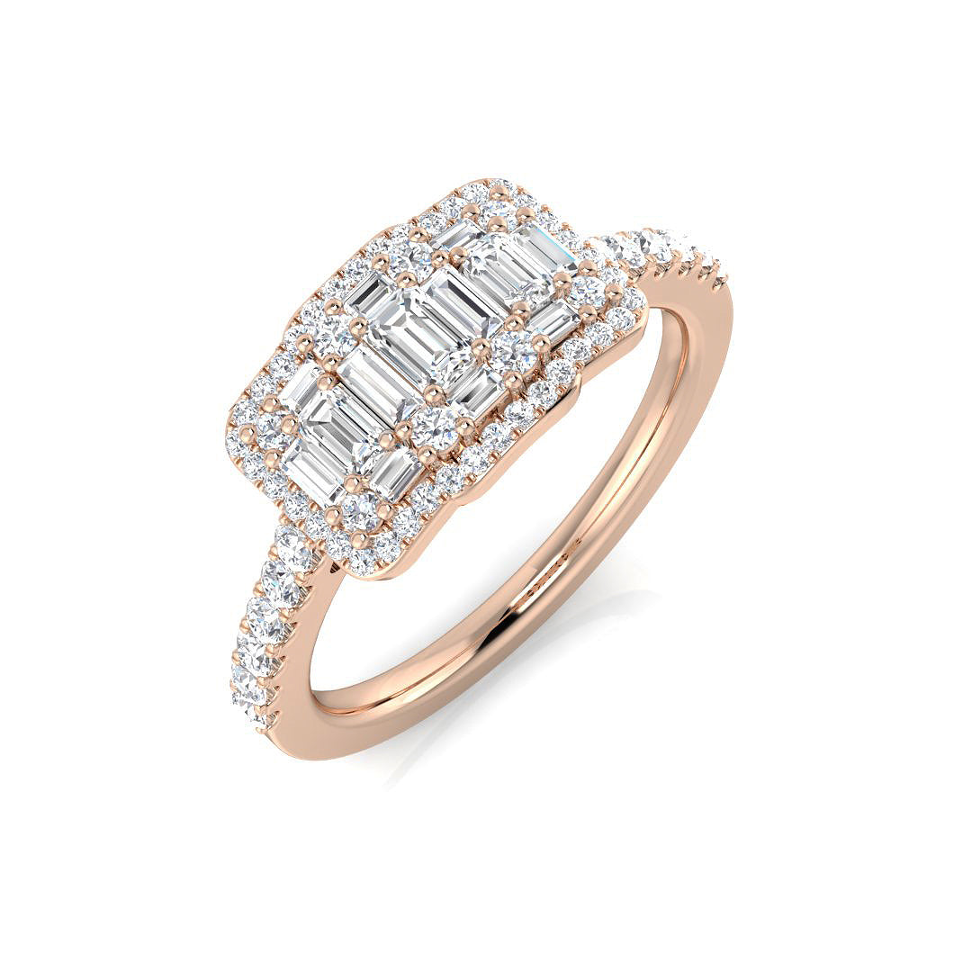 Baguette & Round Diamond Ring 0.5ct Halo Cluster UK Made