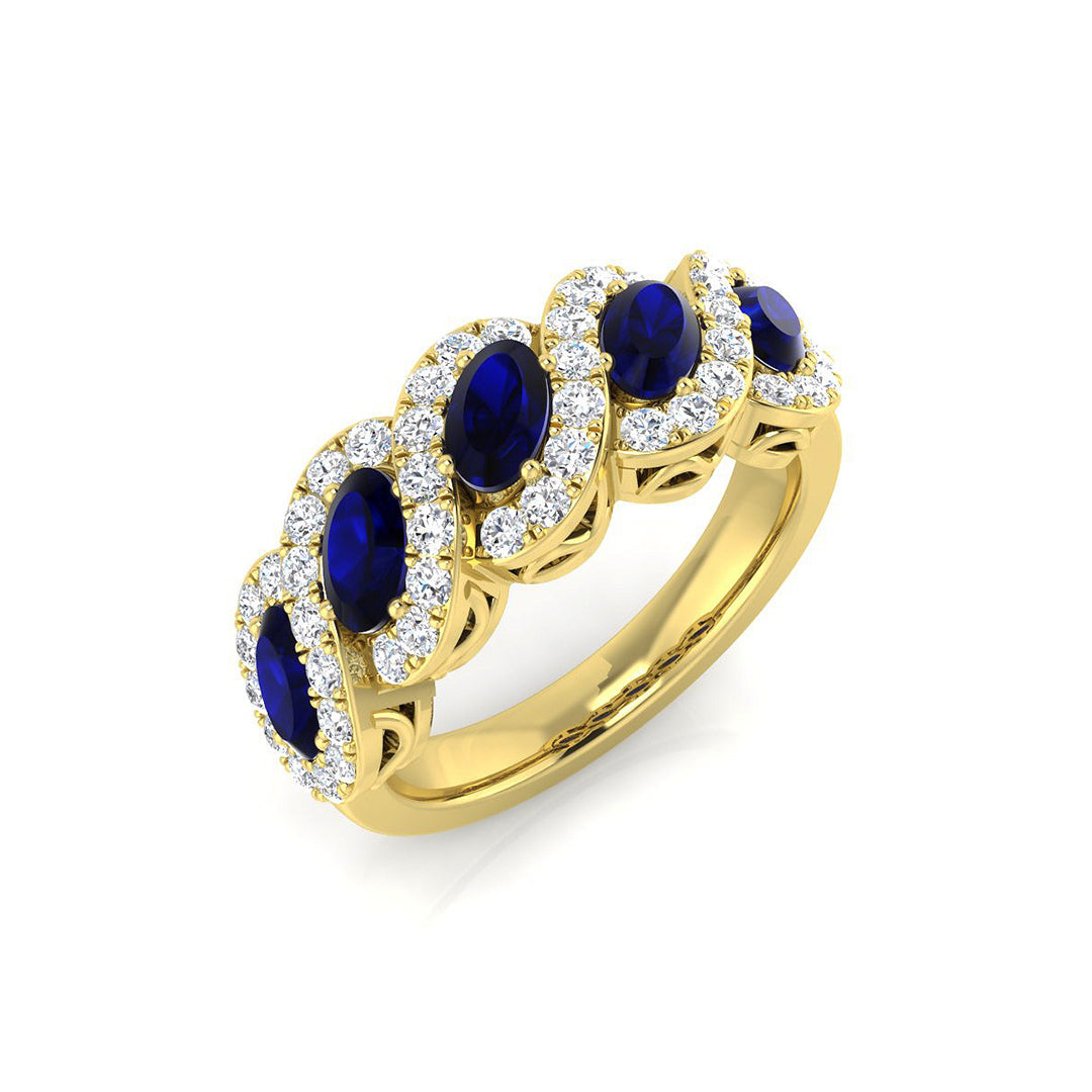 Sapphire Five Stone Ring with Diamond Halo