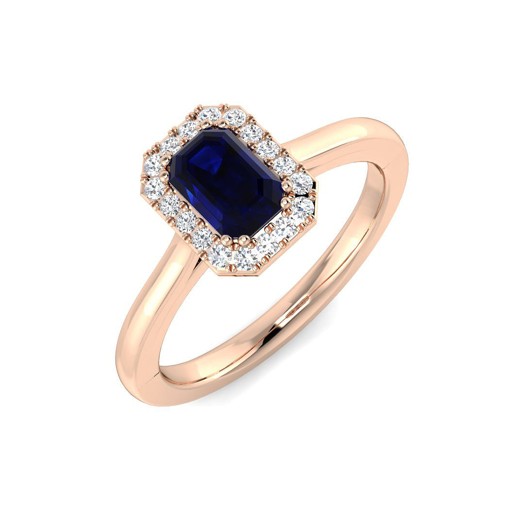 Solitaire Blue Sapphire Halo Ring with Natural Pave Round Diamonds | Gemstone Halo Ring
