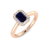 Solitaire Blue Sapphire Halo Ring with Natural Pave Round Diamonds | Gemstone Halo Ring