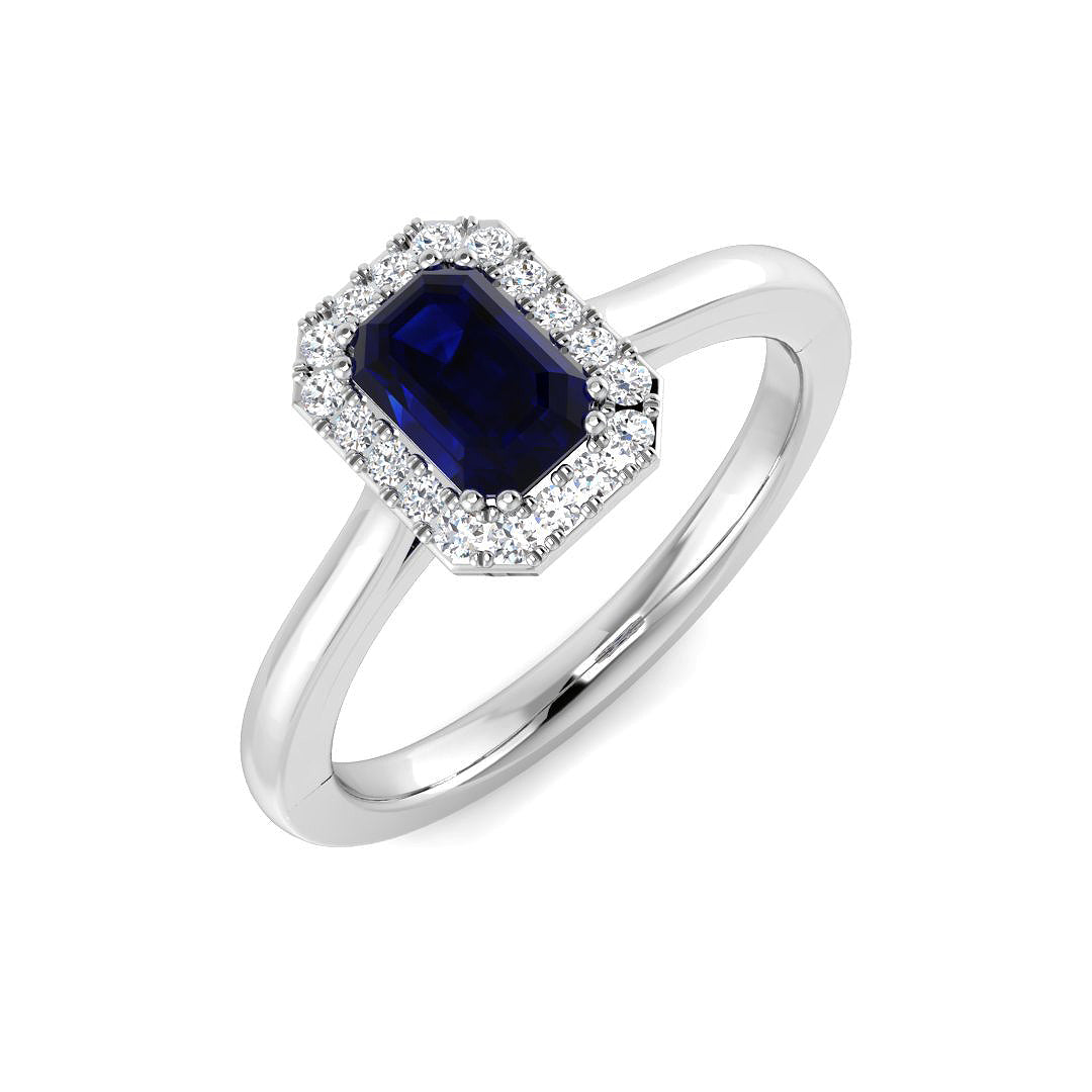 Solitaire Blue Sapphire Halo Ring with Natural Pave Round Diamonds | Gemstone Halo Ring