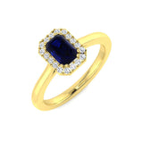 Solitaire Blue Sapphire Halo Ring with Natural Pave Round Diamonds | Gemstone Halo Ring