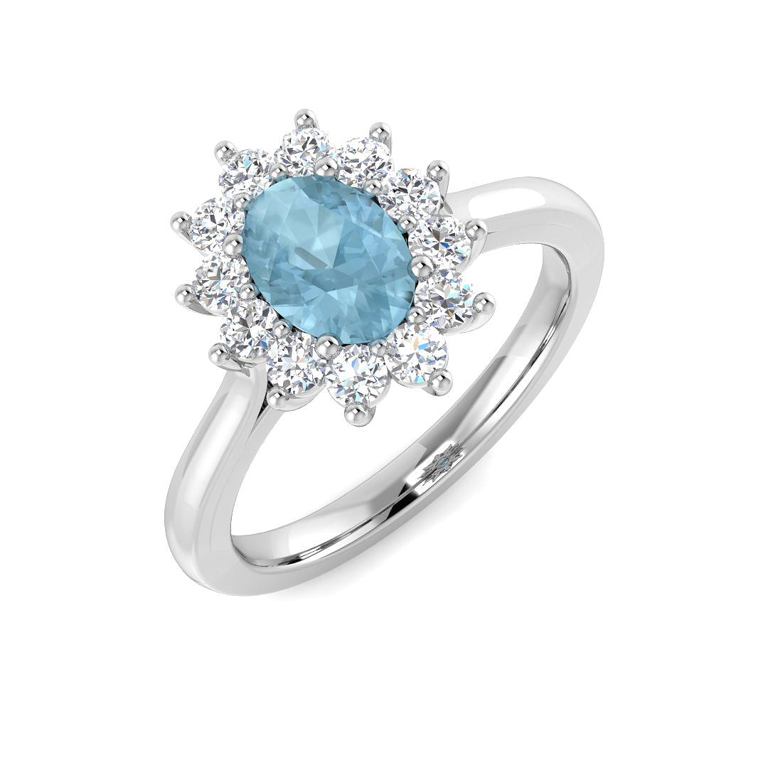 White Gold Oval Cut Aquamarine Engagement Ring with Cluster Halo