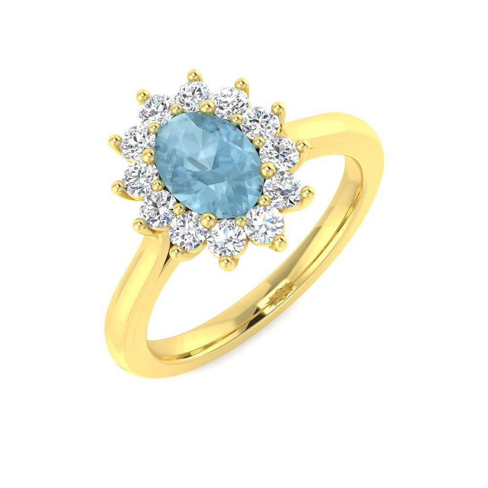 Yellow Gold Oval Cut Aquamarine Engagement Ring with Cluster Halo