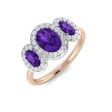 Rose Gold Amethyst Three Stone Vintage Halo Ring
