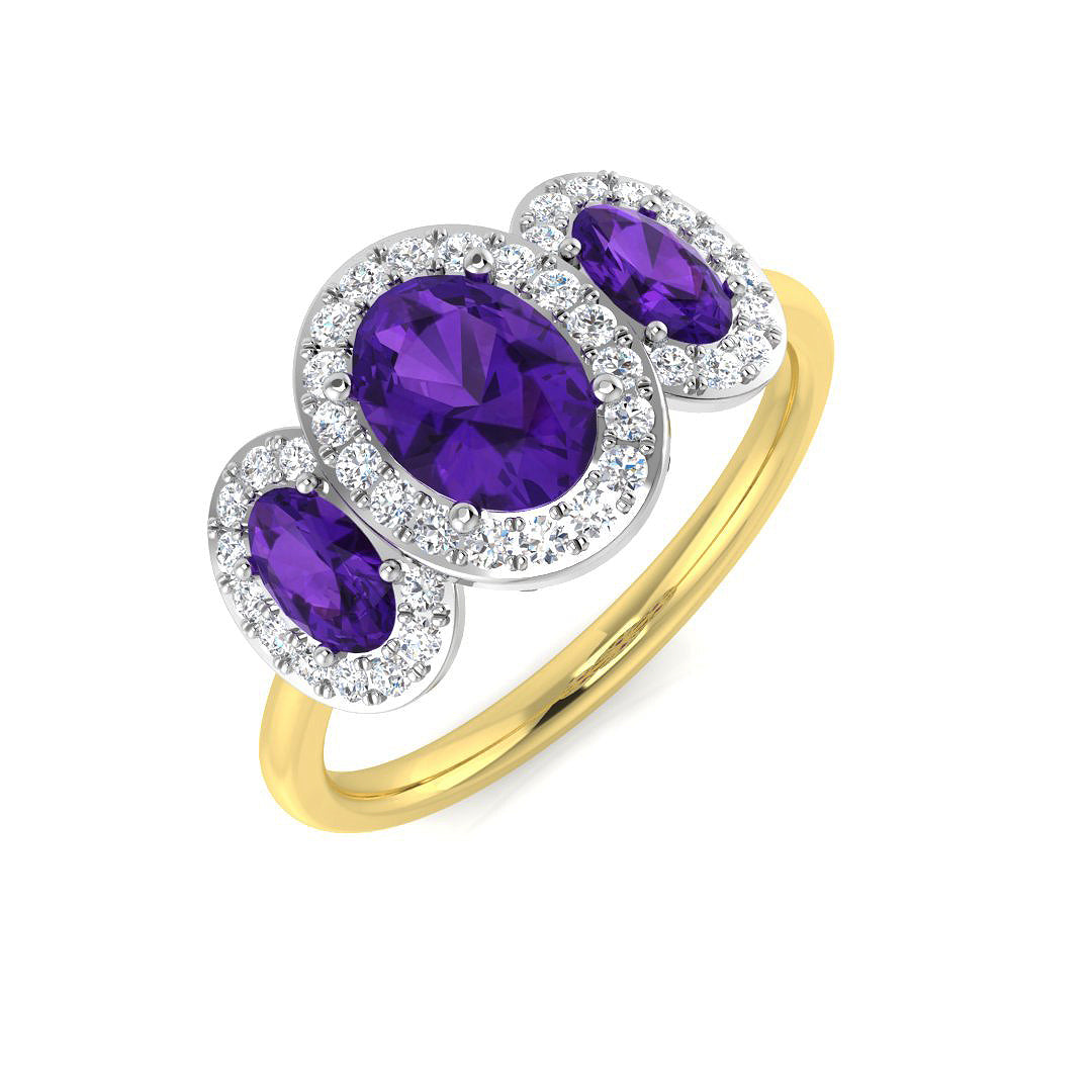 Yellow Gold Amethyst Trilogy Halo Ring with Diamond Accents
