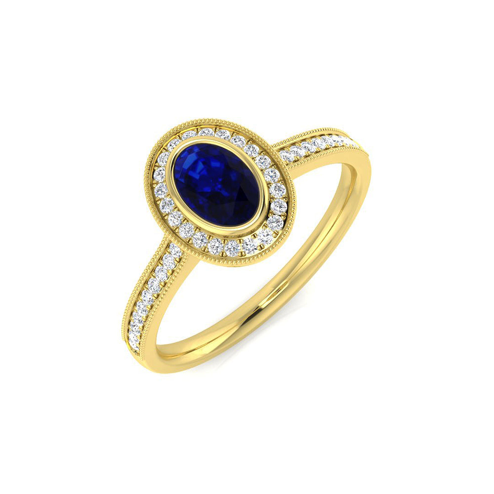 Sapphire Halo Ring with Diamond Pave Band