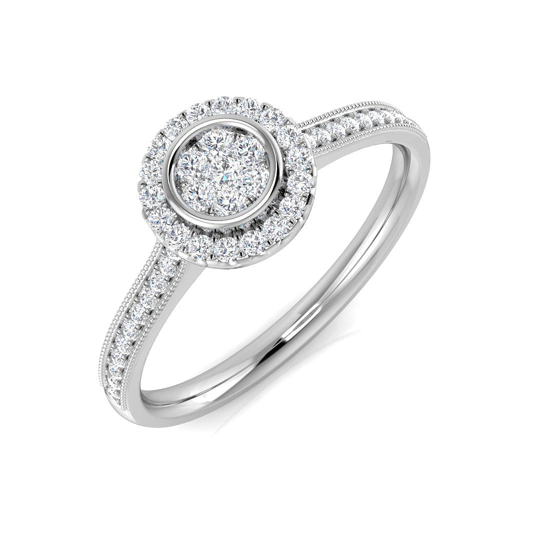 Luxury Round Diamond Halo Cluster Ring 0.2ct Milgrain Band UK