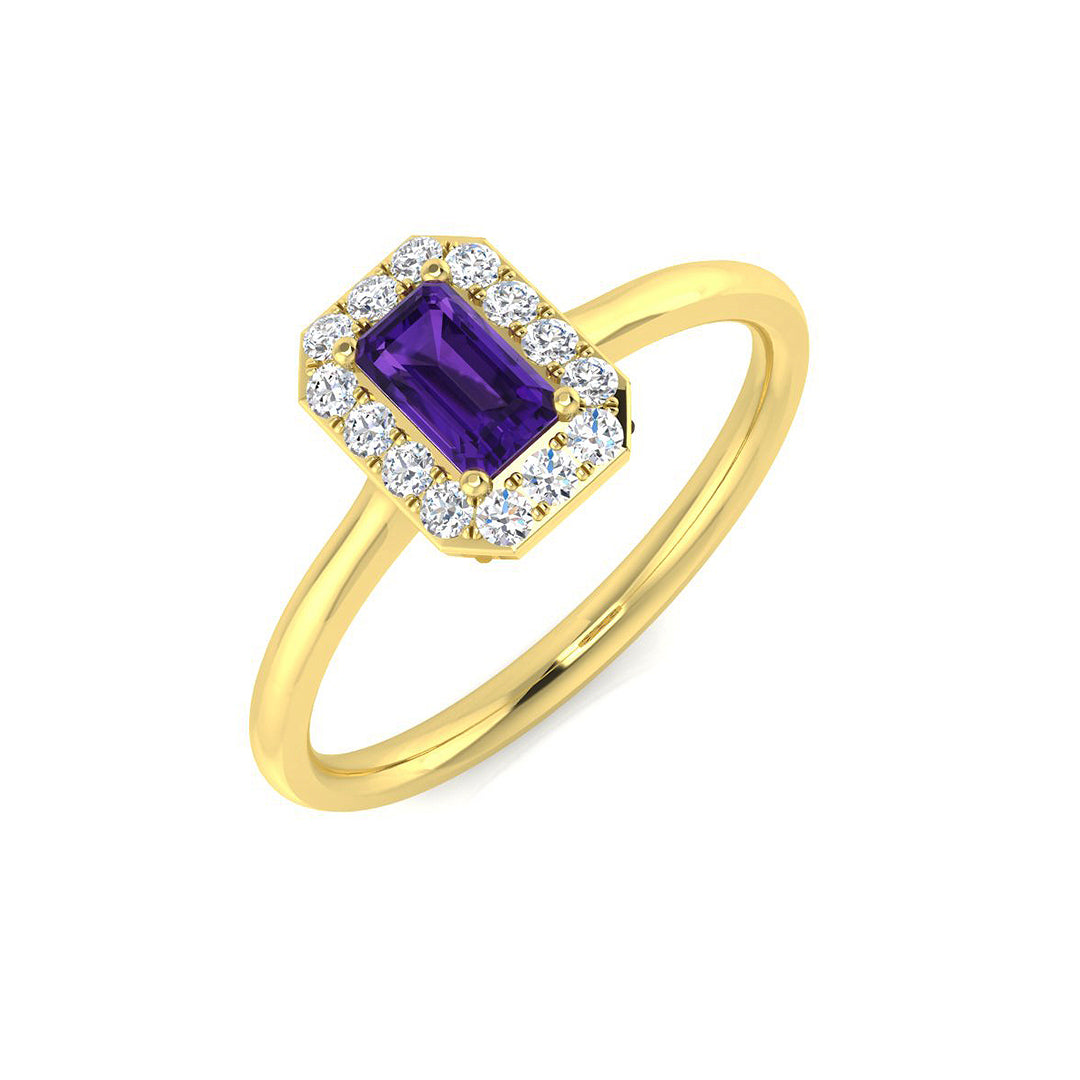 Emerald Cut Amethyst Halo Ring with Natural Pave Diamonds | UK Hallmarked