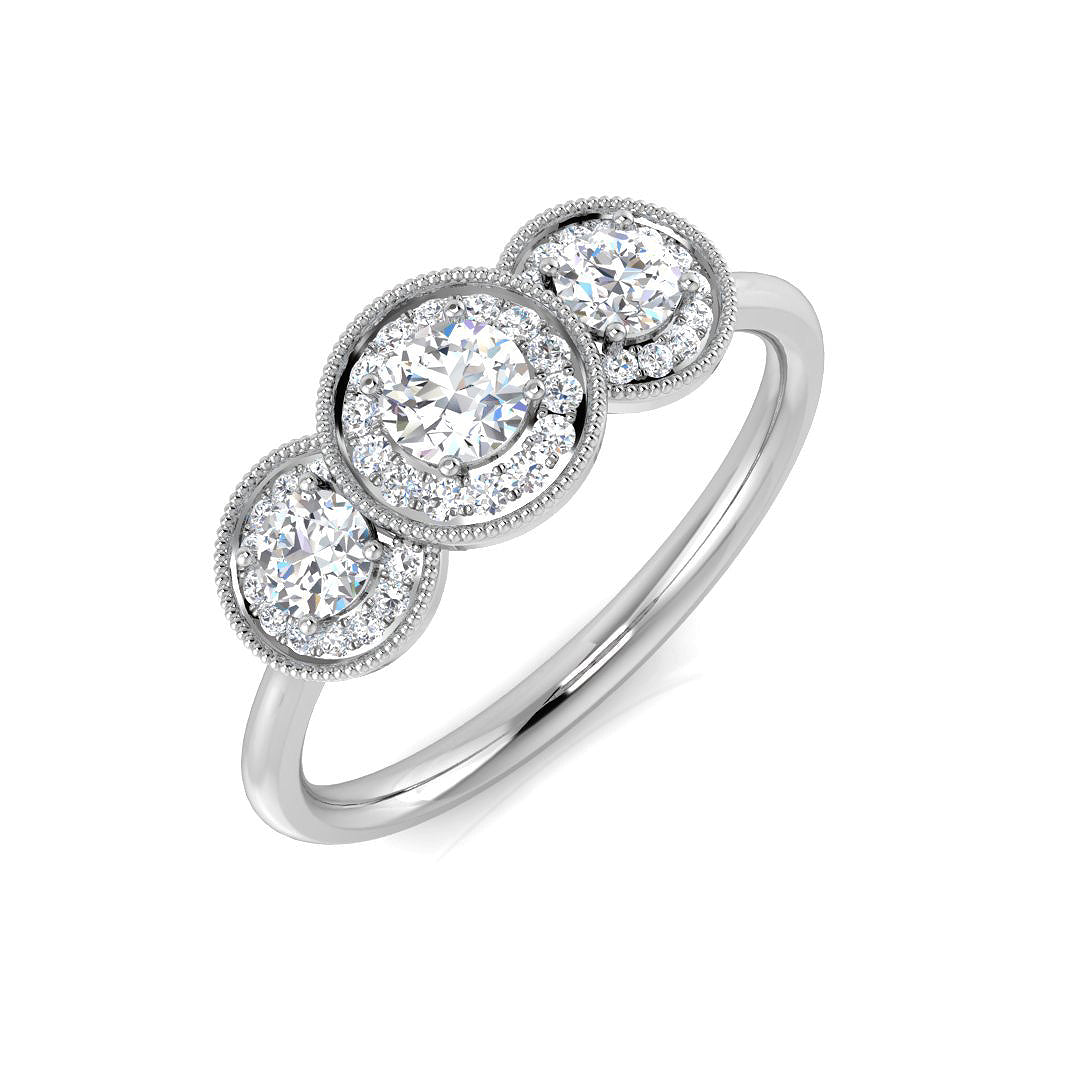 Three Stone Halo Diamond Ring Milgrain detail Engagement Ring | 0.2ct - 0.5ct