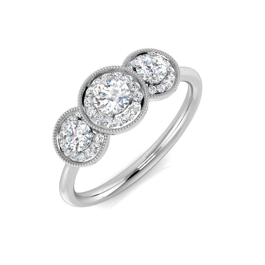 Three Stone Halo Diamond Ring Milgrain detail Engagement Ring | 0.2ct - 0.5ct