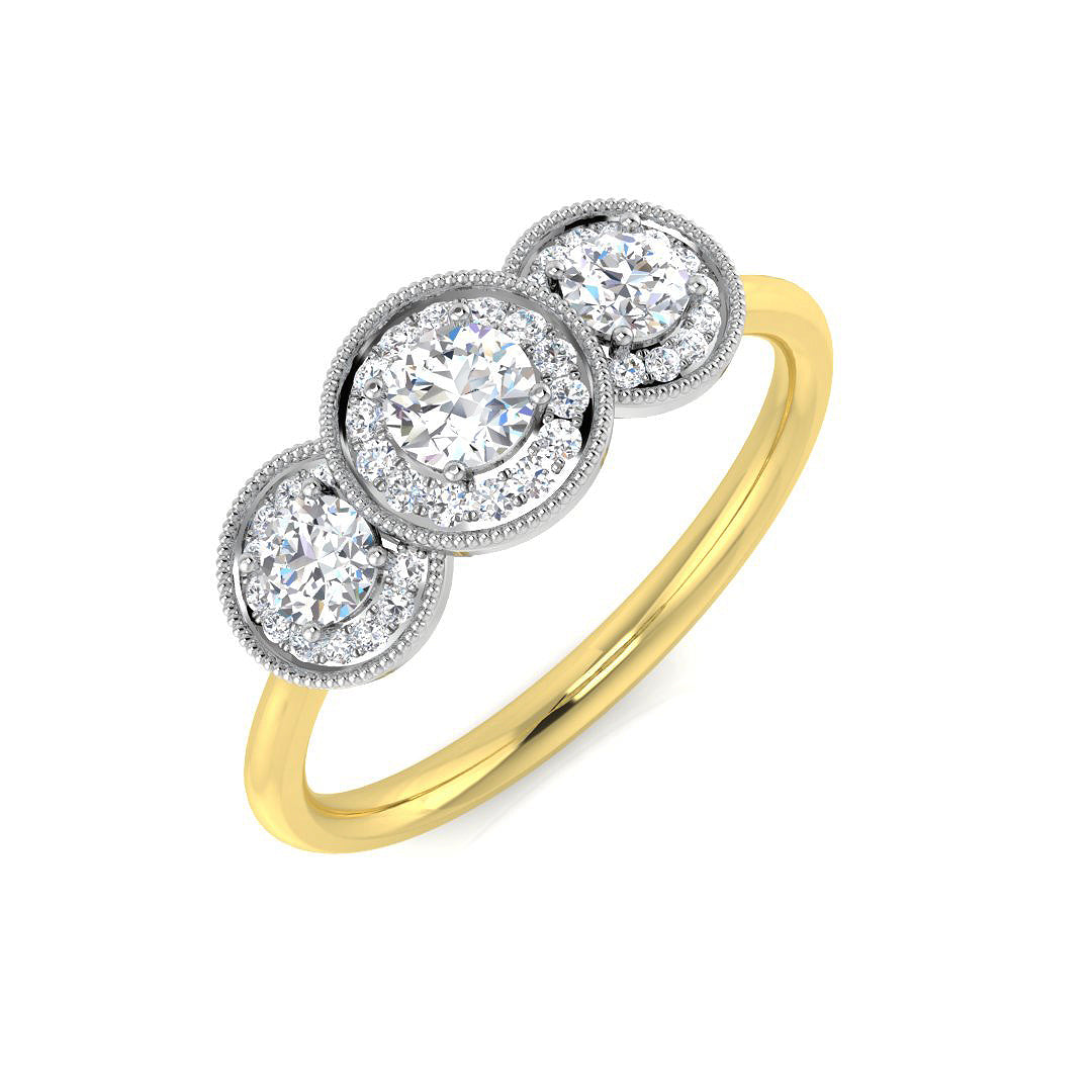 Three Stone Halo Diamond Ring Milgrain detail Engagement Ring | 0.2ct - 0.5ct