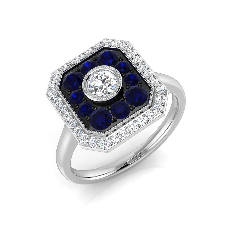 Blue Sapphire Cluster Ring with Diamond Halo
