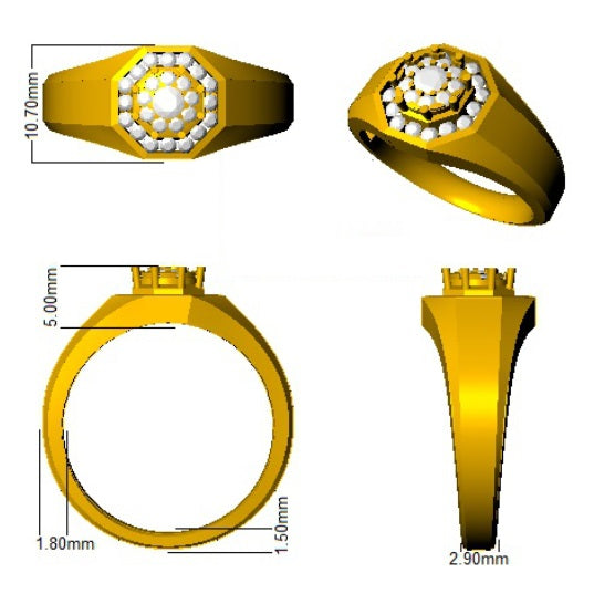 Gold ring with diamond accents shown from multiple angles with measurements.