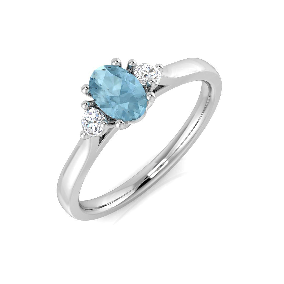 9K Yellow Gold Round Cut Natural Diamond Three-Stone Ring with Oval Colour Gemstone