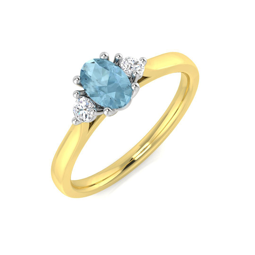 9K Yellow Gold Round Cut Natural Diamond Three-Stone Ring with Oval Colour Gemstone