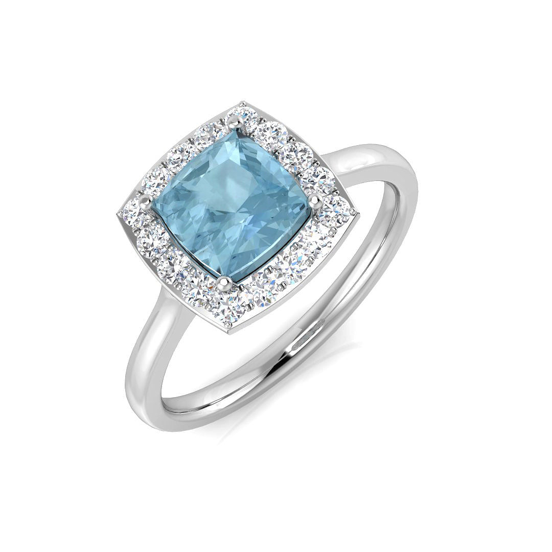Aquamarine Halo Ring with Pave Diamonds in White Gold