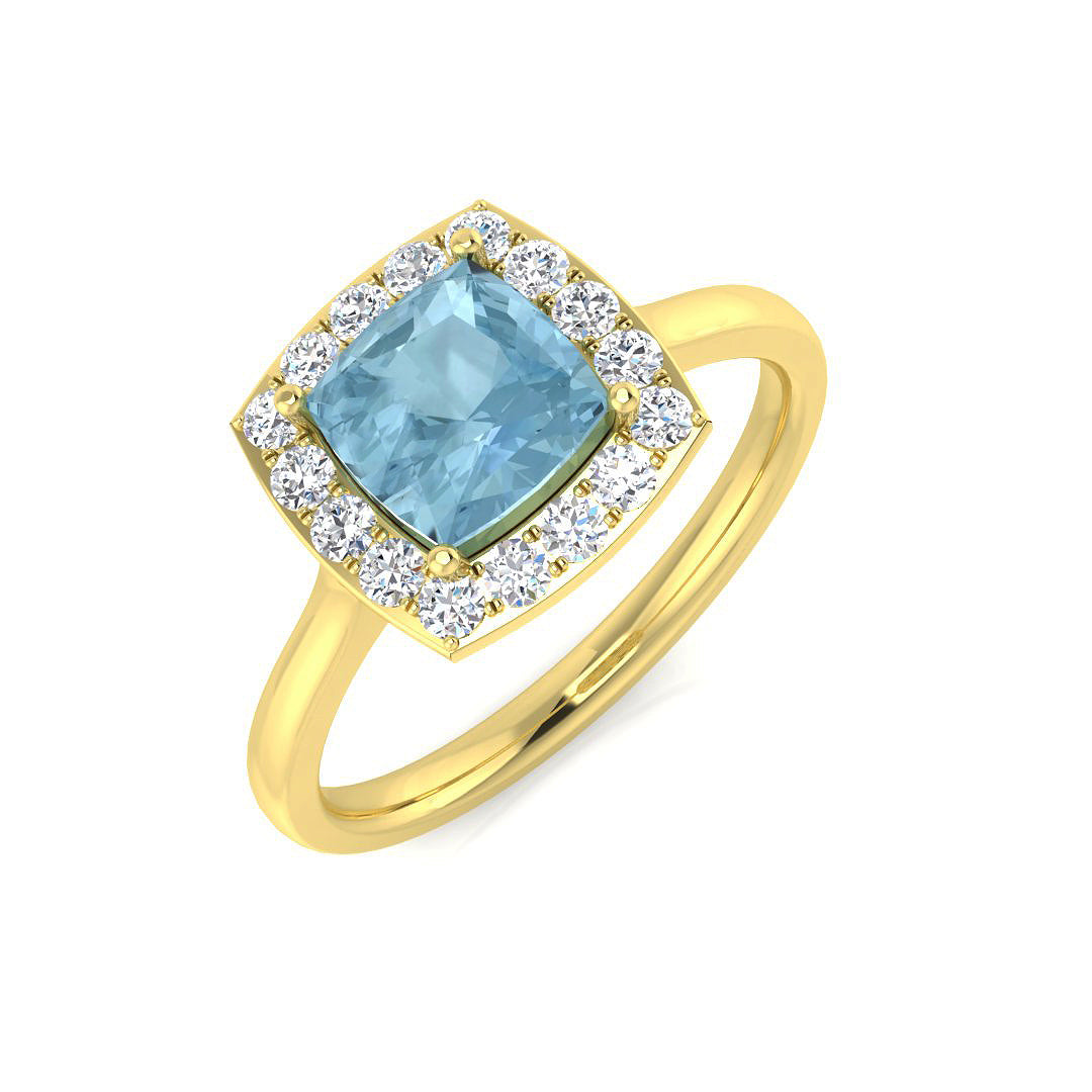 Cushion Cut Aquamarine Halo Ring with Pave Diamonds