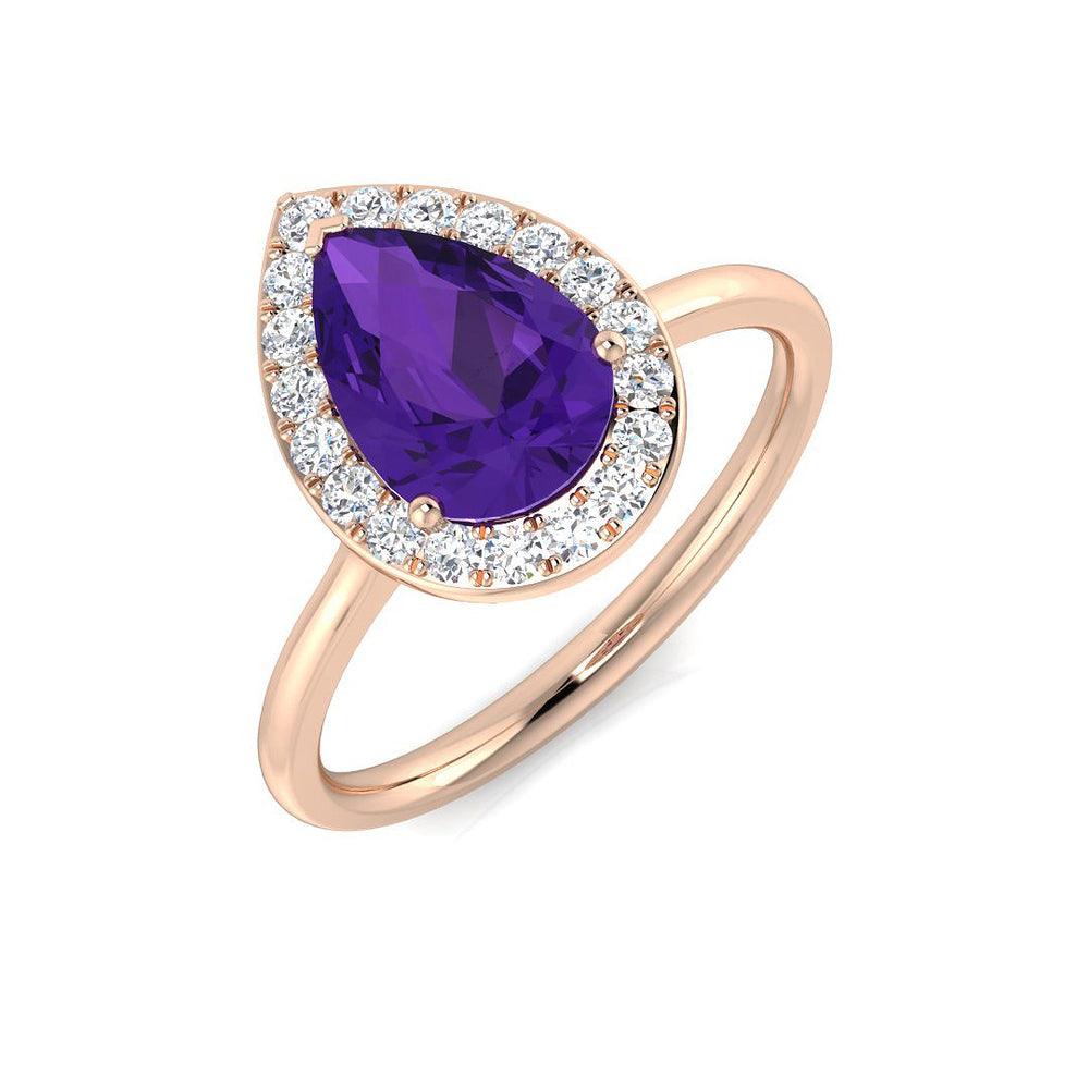Rose Gold Pear Shaped Amethyst Halo Ring with Pave Diamonds