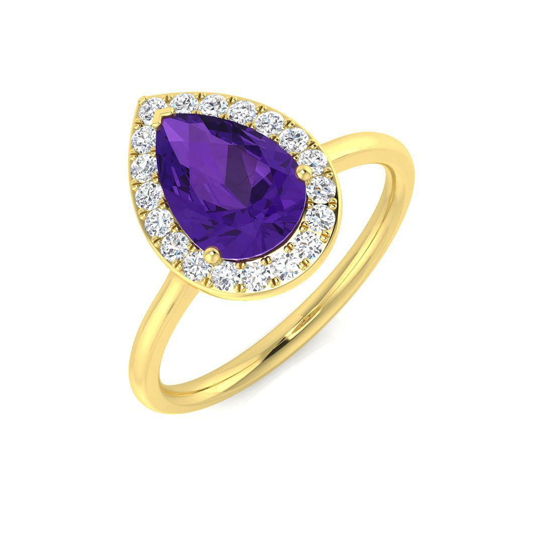 Yellow Gold Pear Cut Amethyst Halo Ring with Diamond Accents