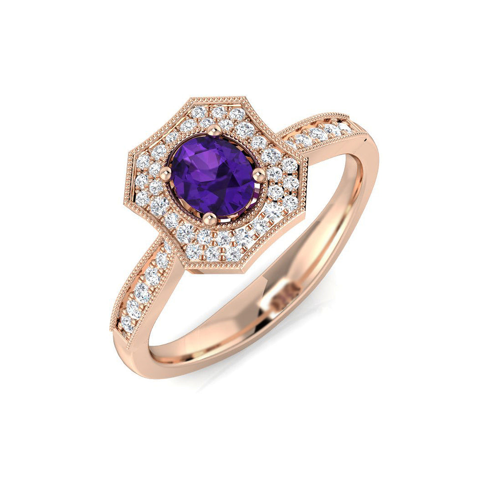 Rose Gold Amethyst Engagement Ring with Vintage Pave Diamonds