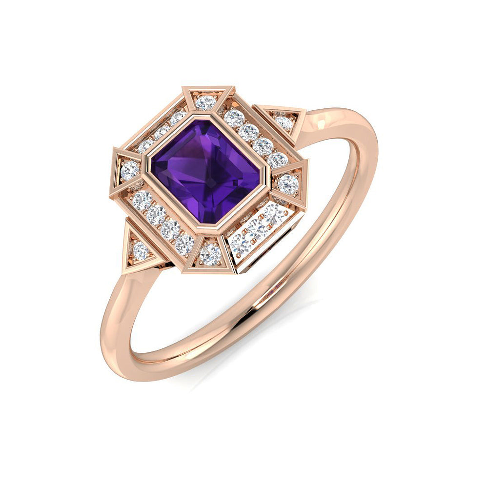 Rose Gold Amethyst Gemstone Halo Ring with Emerald Cut Amethyst