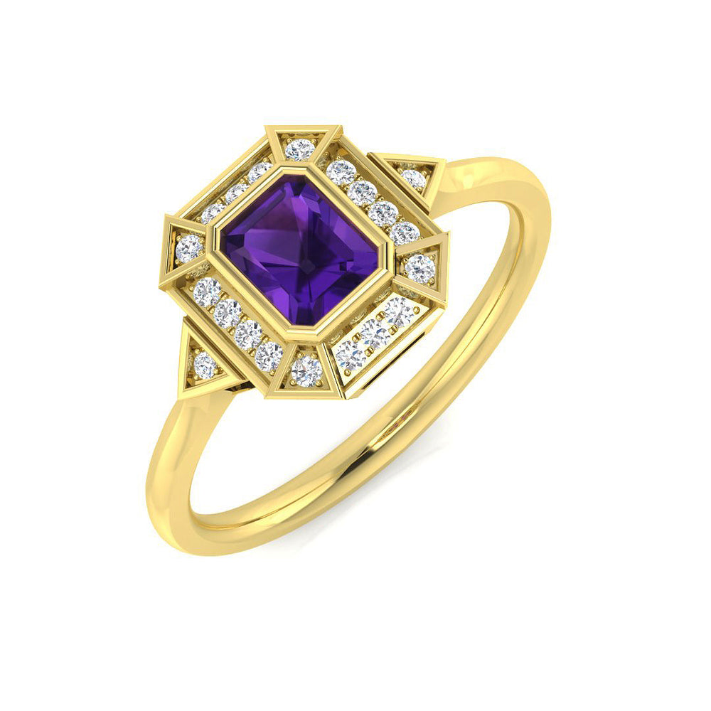 Yellow Gold Amethyst Gemstone Halo Ring with Diamond Details
