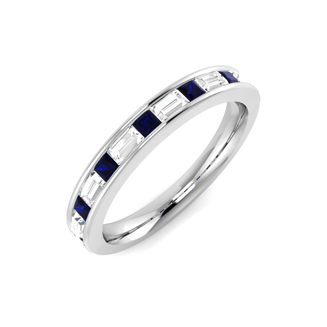 Baguette Cut Blue Sapphire Half Eternity Ring with Natural Diamond | UK Hallmarked