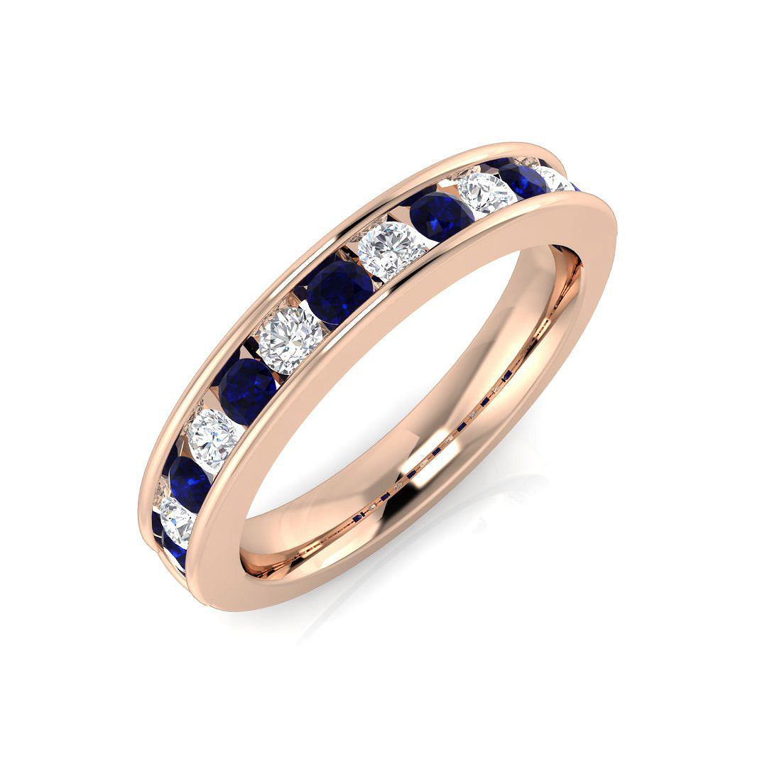 Blue Sapphire Diamond Half Eternity Ring wit Natural Round Diamond | Wedding Band