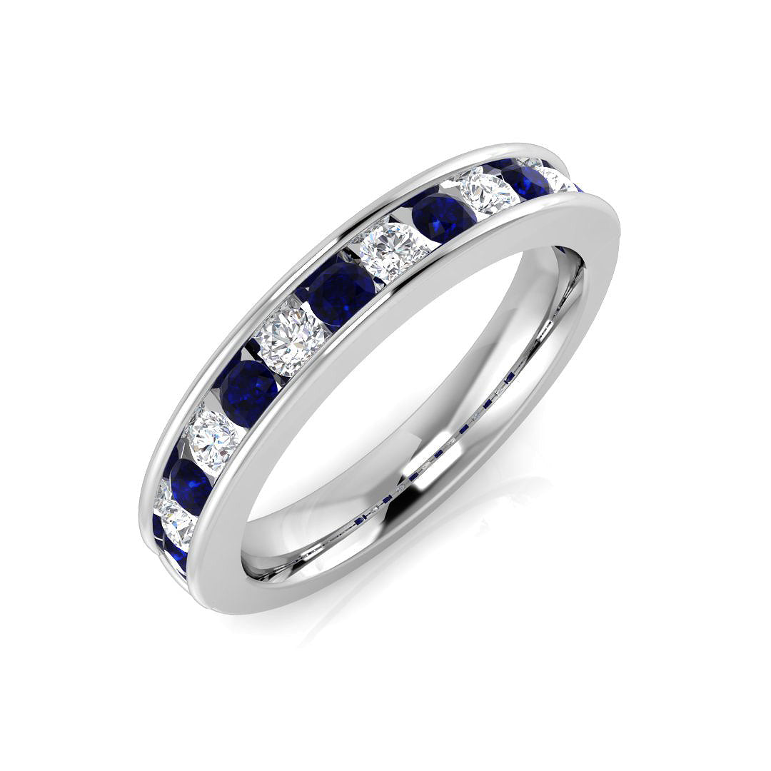 Blue Sapphire Diamond Half Eternity Ring wit Natural Round Diamond | Wedding Band