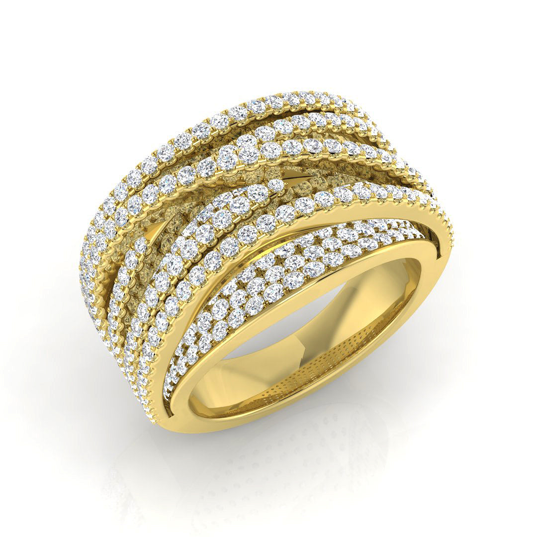 Luxury 3.0Ct Yellow Gold Wide Criss-Cross Diamond Statement Ring