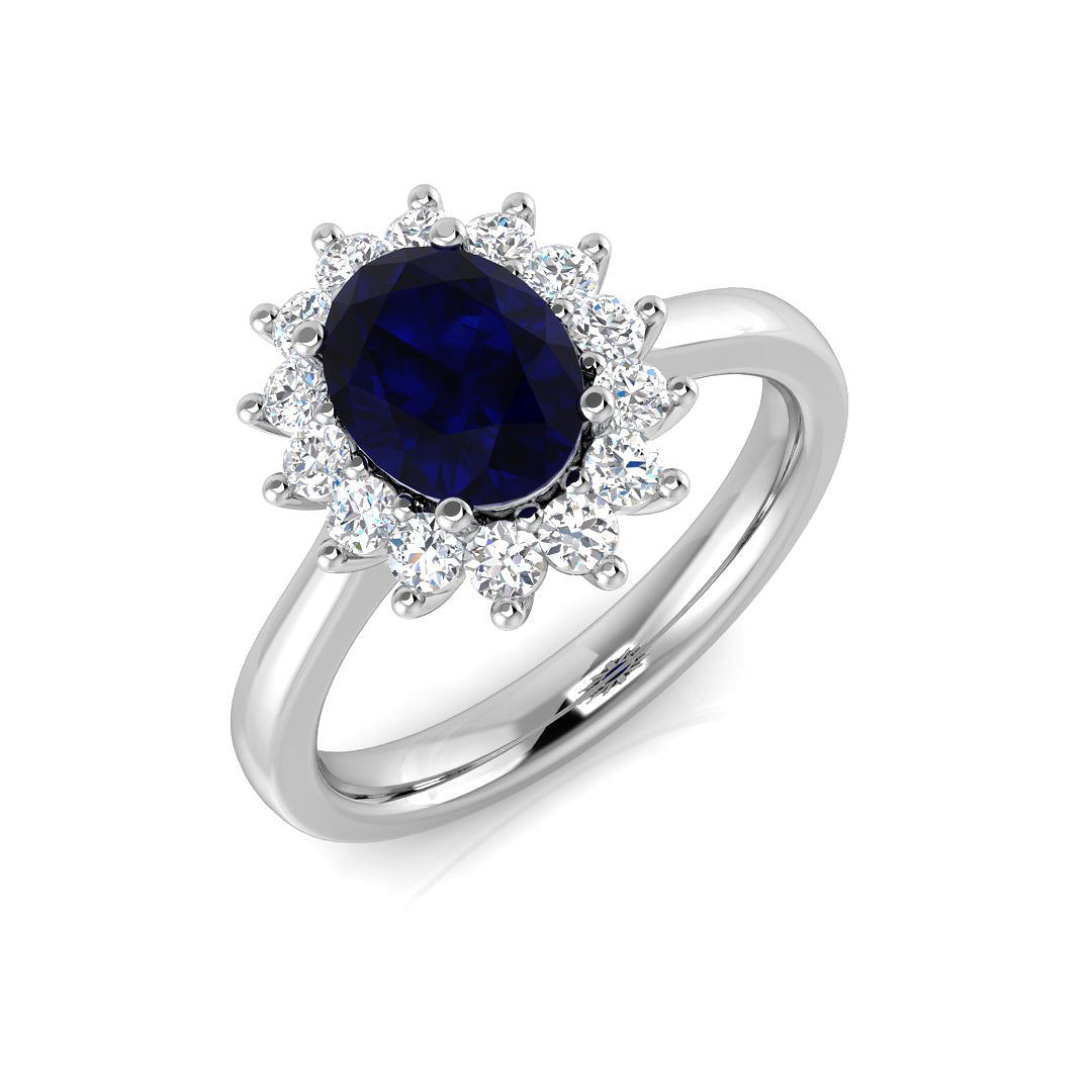 Blue Sapphire Cluster Ring Studded with Round Natural Diamond | UK Hallmarked Gold & Platinum