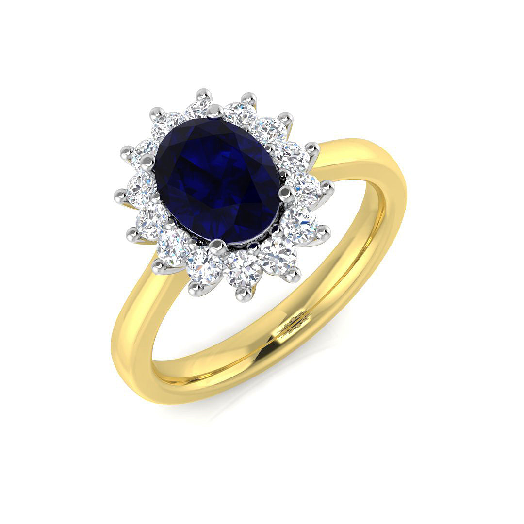 Blue Sapphire Cluster Ring Studded with Round Natural Diamond | UK Hallmarked Gold & Platinum