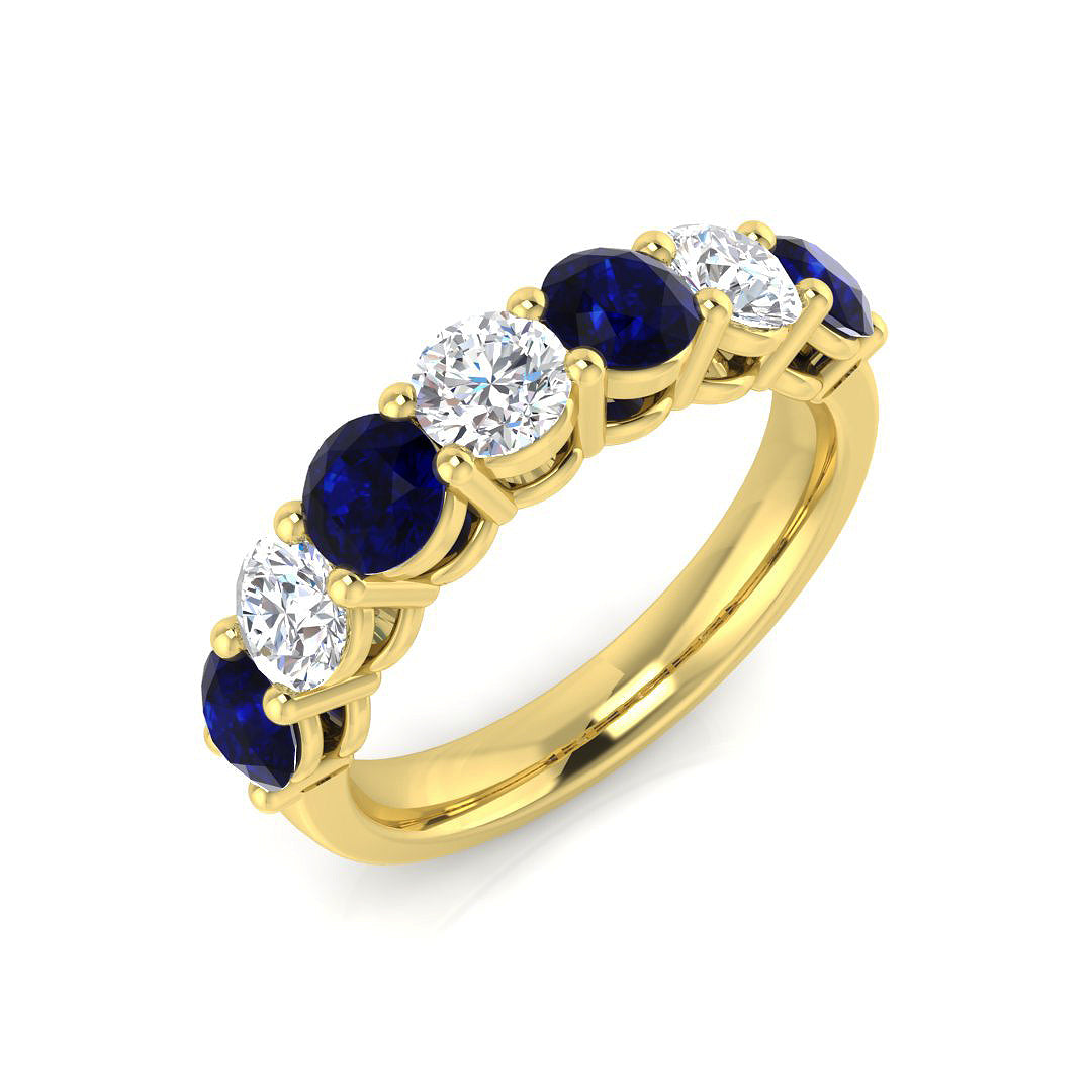 Blue Sapphire 7 Stone Ring with Round Natural Diamonds | Half Eternity Style Ring