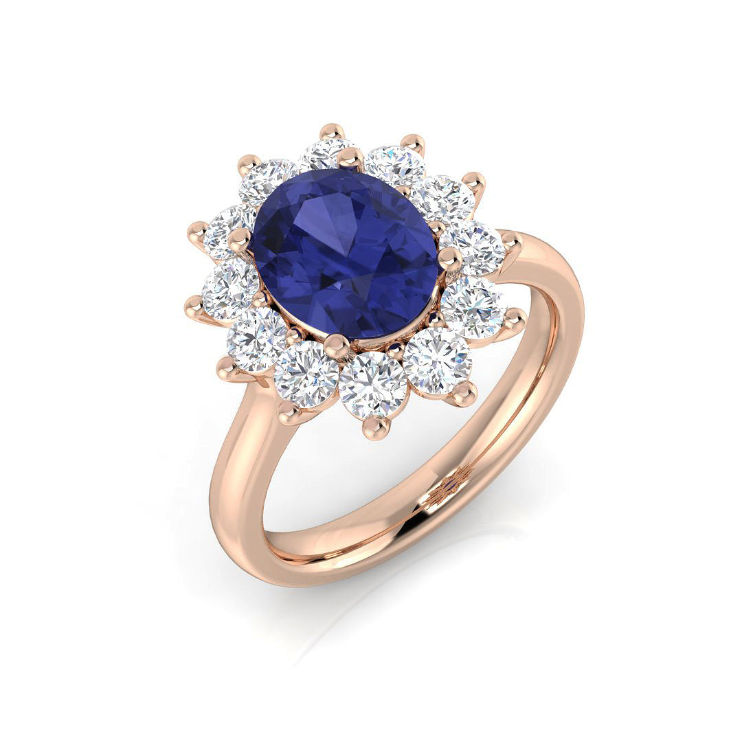 Oval Blue Sapphire Halo Engagement Ring | Gemstone Halo Ring | Cluster