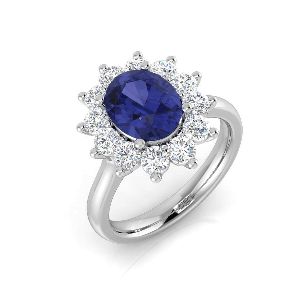 Oval Blue Sapphire Halo Engagement Ring