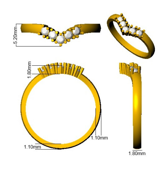 Technical drawing of a gold ring with measurements on a white background