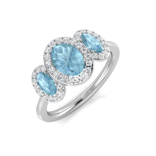 Oval Cut Aquamarine Halo Ring with Diamond Three Stone Design